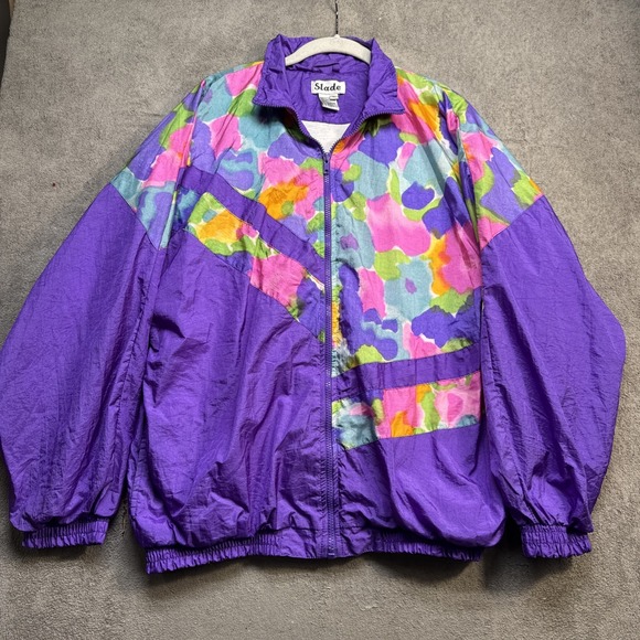 Slade Vintage 90s Purple Track Jacket Abstract Windbreaker Zip Up XL - Picture 2 of 9